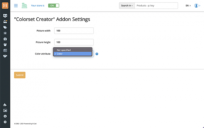 Selecting an attribute on the "Colorset creator" application settings page